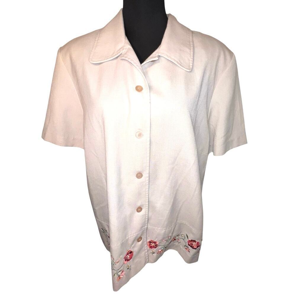 Alfred Dunner Womens Sz 20 Linen Blend Embroidered Beaded CottageCore Tunic Top
